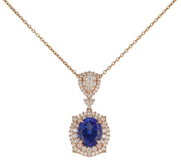 New 5.60ct Oval Tanzanite and 1.65ctw Diamond Double Frame Pendant Necklace in 14K