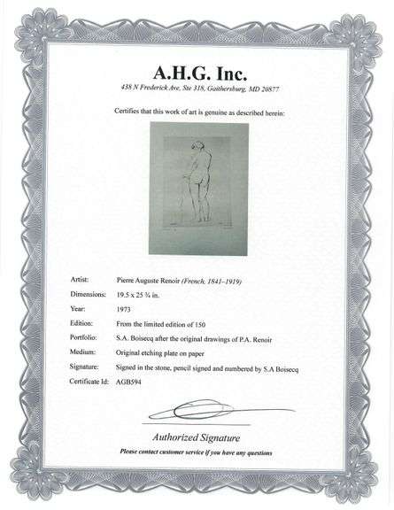 Investment! Very collectable remarkable limited edition Pierre-Auguste Renoir signed in the stone.