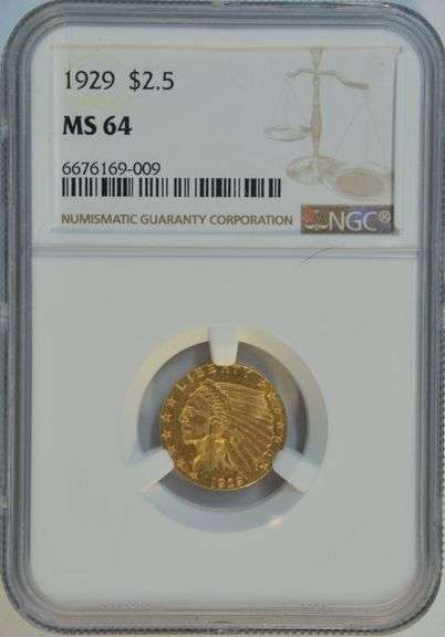 1929 US $2.50 Indian Gold Coin Piece NGC MS64