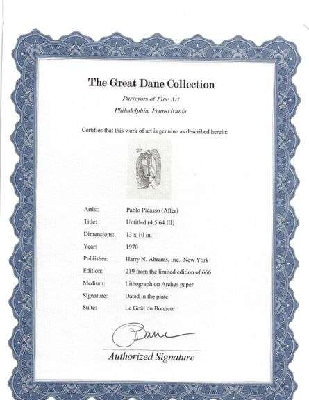 Exclusive Limited Edition Pablo Picasso Lithograph "Le Gout du Bonheur", 1970