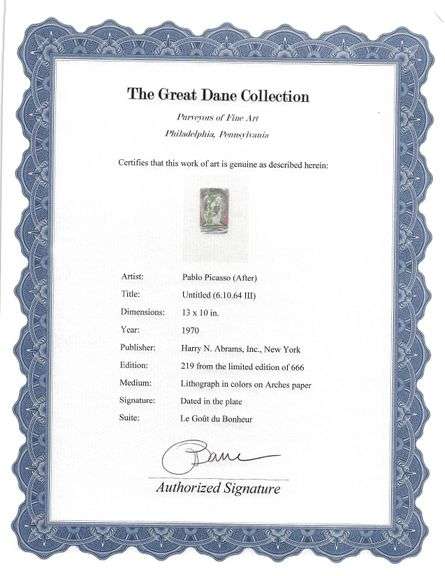 Exclusive Limited Edition Pablo Picasso Lithograph "Le Gout du Bonheur", 1970