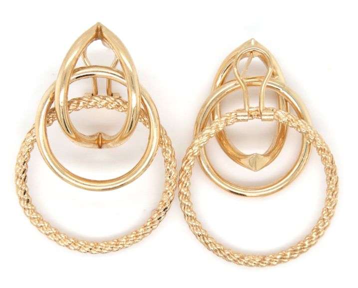 14kt Yellow gold triple circle door knocker hoop earrings