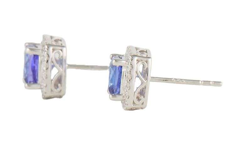 New 1.09ctw Cushion Tanzanite and 0.32ctw Diamond Frame Stud Earrings in 14K