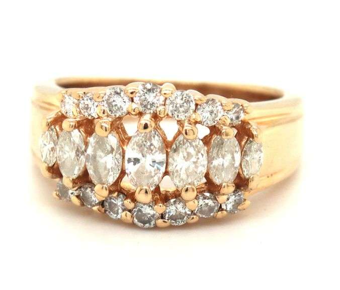 14kt Yellow gold 1ctw marquise and RBC 3 row diamond band