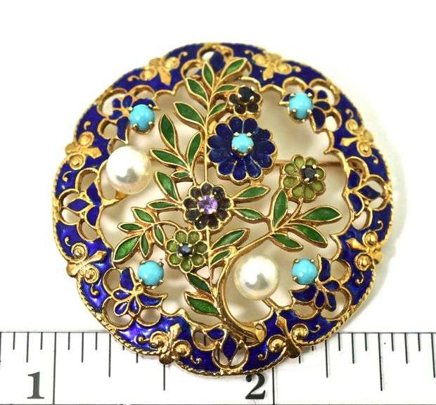 Exquisite 14K Brooch with Enamel and Stones