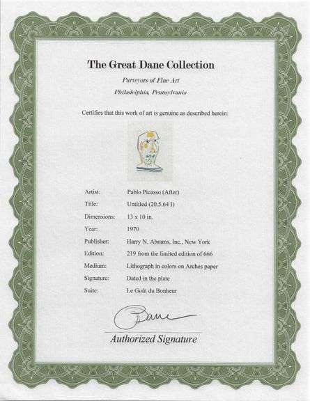 Exclusive Limited Edition Pablo Picasso Lithograph "Le Gout du Bonheur", 1970