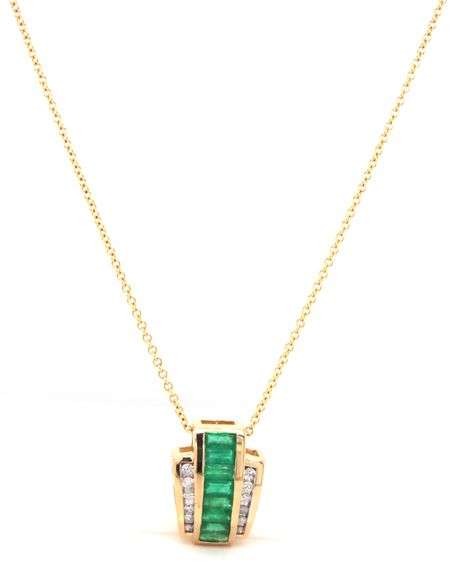 14kt Yellow gold channel set emerald and diamond slider pendant on chain