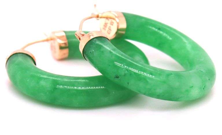 14kt Yellow gold green Jade hoop earrings