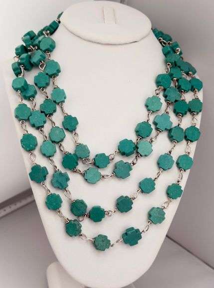 925 Sterling Silver Long Cross shape Turquoise Bead Necklace