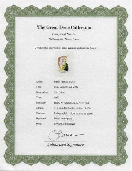 Exclusive Limited Edition Pablo Picasso Lithograph "Le Gout du Bonheur", 1970