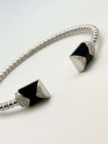 925 Sterling Silver Beaded Bar Black Onyx and Crystal Open Bangle