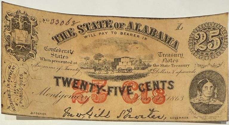 Twenty Five Cent Uncirculated Jan 1 1863 Series Alabama CSA Note.