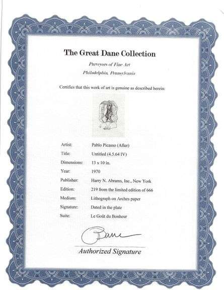 Exclusive Limited Edition Pablo Picasso Lithograph "Le Gout du Bonheur", 1970