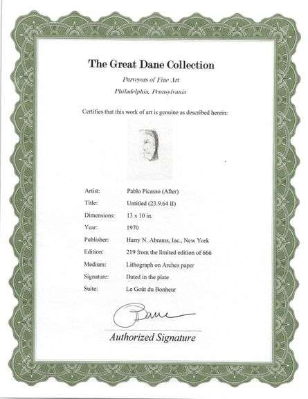 Exclusive Limited Edition Pablo Picasso Lithograph "Le Gout du Bonheur", 1970