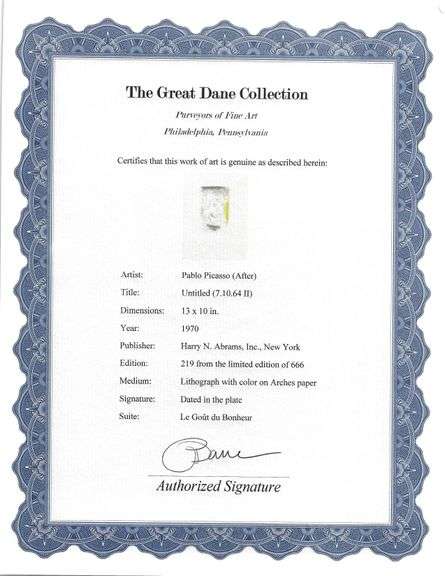 Exclusive Limited Edition Pablo Picasso Lithograph "Le Gout du Bonheur", 1970