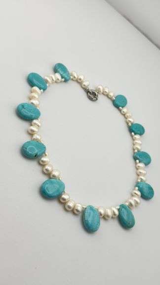 925 Sterling Silver Turquoise And Pearl Necklace