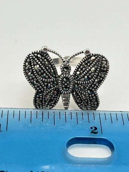 925 Sterling Silver Vintage Marcasite Crystal Butterfly Ring