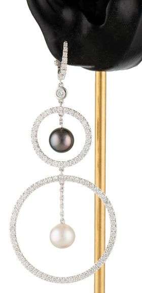 4.95ctw Diamond and Pearl Double Open Circle Dangle Earrings in 18K