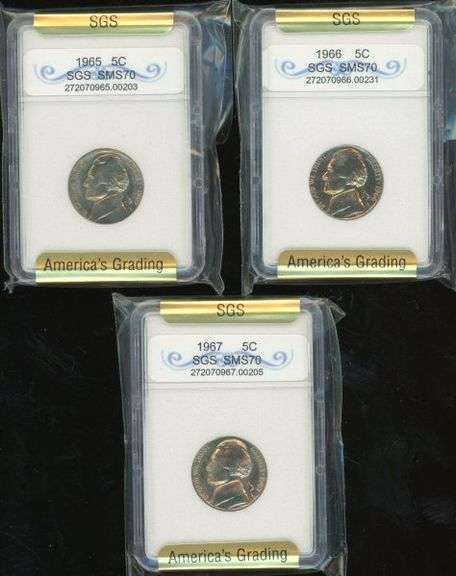 Run of 3 High Grade SMS Jefferson Nickels in Holders: 1965-1967