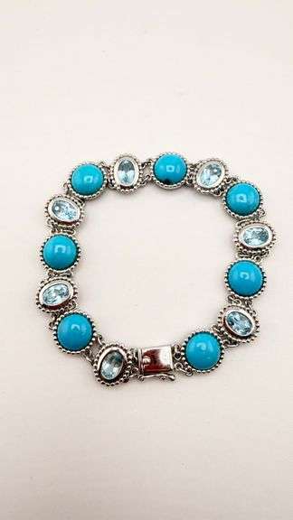 925 Sterling Silver EA Signed Turquoise and Blue Topaz Bracelet