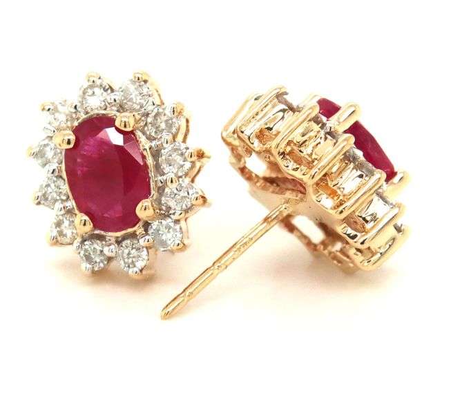 14kt Yellow gold oval ruby with RBC diamond halo earrings