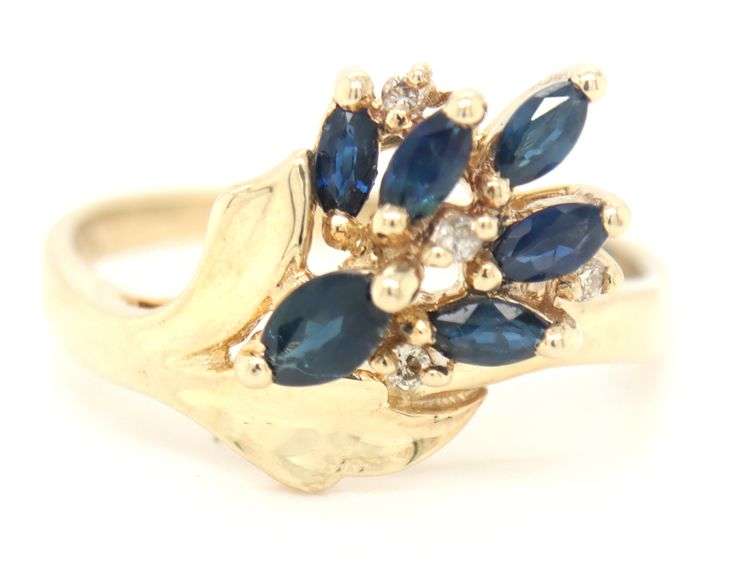 14kt Yellow gold marquise blue sapphire and diamond cluster ring