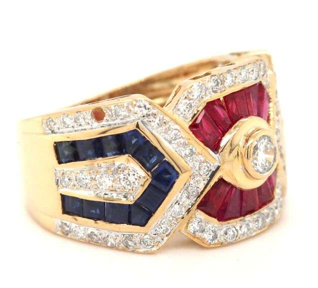 18kt Yellow gold Levian retro ruby, sapphire, emerald and diamond mosaic set ring