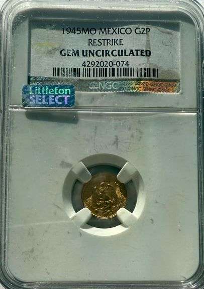 Gem Uncirculated Resrike NGC 1945 Mexico Gold 2 Pesos