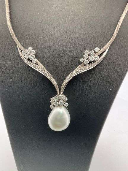 CERTIFIED 18K WHITE GOLD VINTAGE / ANTIQUE DIAMOND AND PEARL NECKLACE