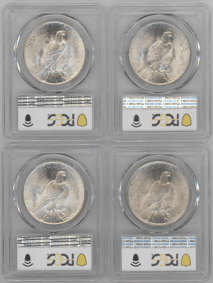 4 Blazing-white nearly Gem BU 1922-1925 Peace Dollars. PCGS MS64
