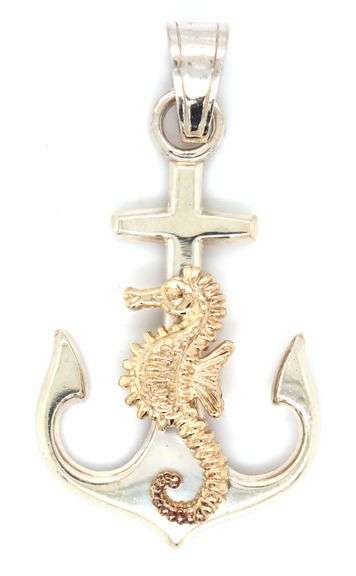 14kt White gold Anchor with yellow gold seahorse pendant