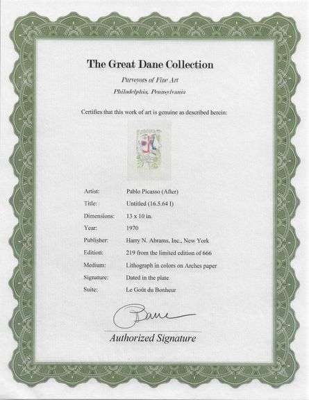 Exclusive Limited Edition Pablo Picasso Lithograph "Le Gout du Bonheur", 1970