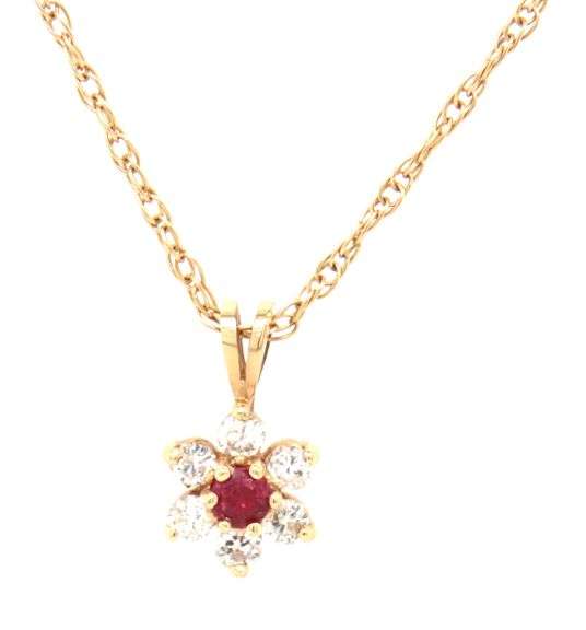 14kt Yellow gold ruby and diamond pendant on chain