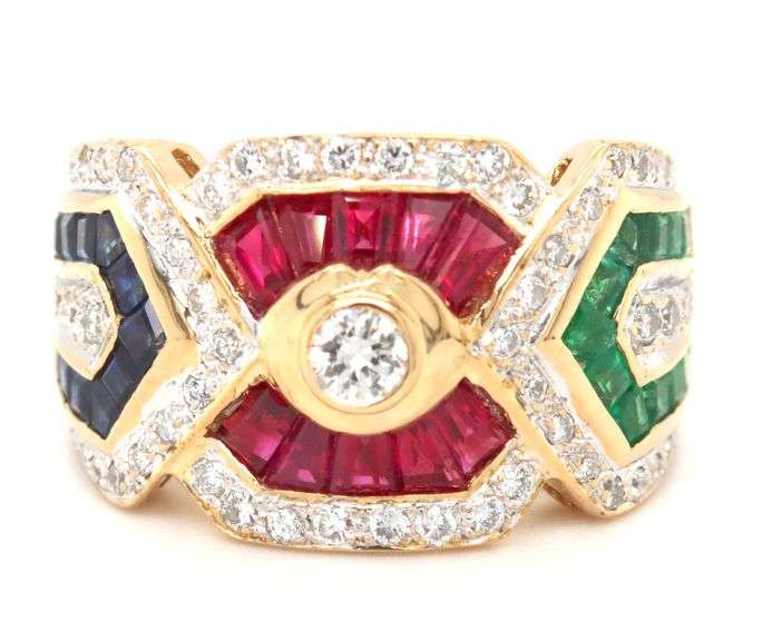 18kt Yellow gold Levian retro ruby, sapphire, emerald and diamond mosaic set ring