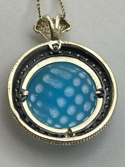 925 Sterling Silver Round Blue Pendant With Crystal Pave Details and Chain