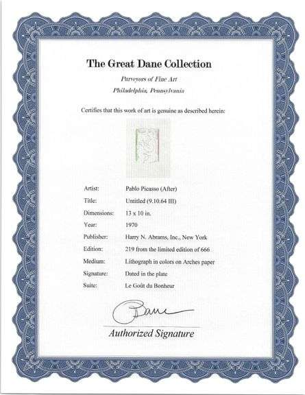 Exclusive Limited Edition Pablo Picasso Lithograph "Le Gout du Bonheur", 1970