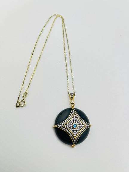 925 Black Rhodium Sterling Silver Black Onyx with Crystal Set Rhombus Overlay Pendant Necklace