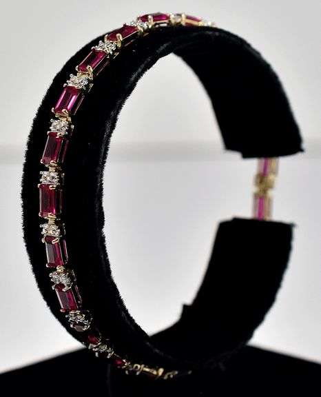 Beautiful 10K Yellow Gold Synthetic Ruby Gemstone Bracelet with Diamond Accents