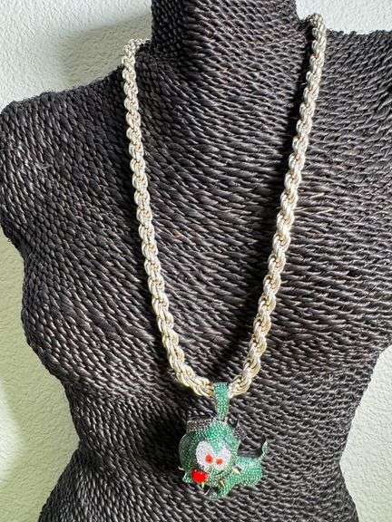 925 Sterling Silver Iced Out Dog Green Black & Clear CZ w/ Italian 7.5mm 22" Solid Rope Chain