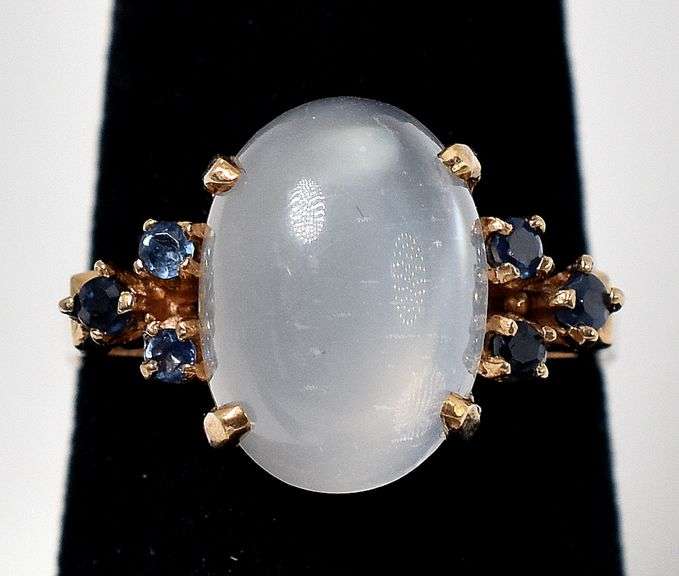 Stunning 10K Yellow Gold Moonstone Gemstone Ring with Blue Sapphire Gemstone Accents