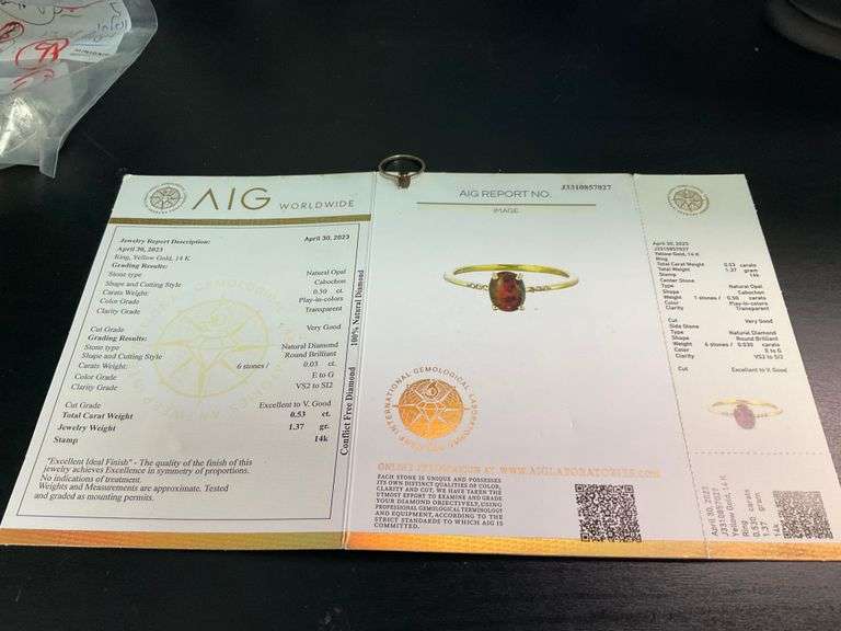 Certified 14k Yellow Gold Opal and Diamond Ring.