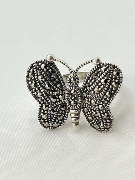 925 Sterling Silver Vintage Marcasite Crystal Butterfly Ring