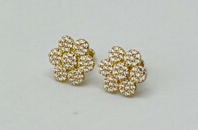 14KT Yellow Gold Flower Cluster Cubic Zirconia Stud Earrings