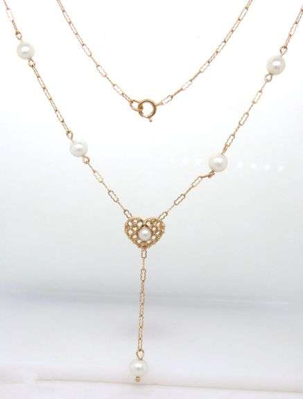14kt Yellow gold pearl station heart lariat necklace