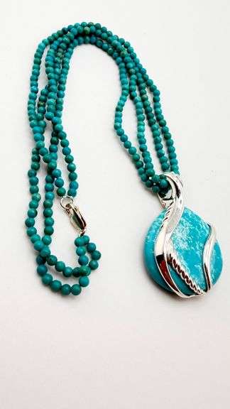 925 Sterling Silver Turquoise Pendant With bead Chain Necklace