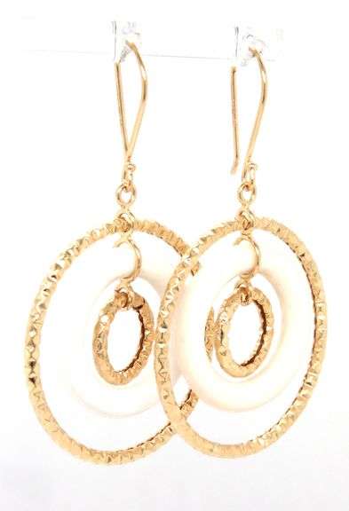 14kt Yellow gold Triple circle gold and white dangle earrings