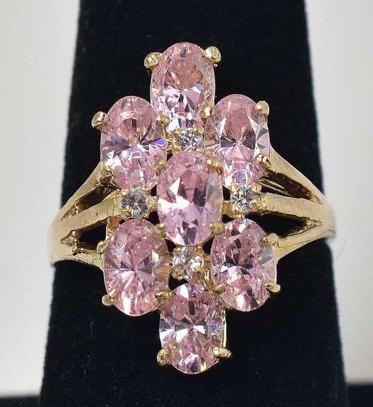 Pretty 10K Yellow Gold Pink and White Cubic Zirconia Gemstone Ring