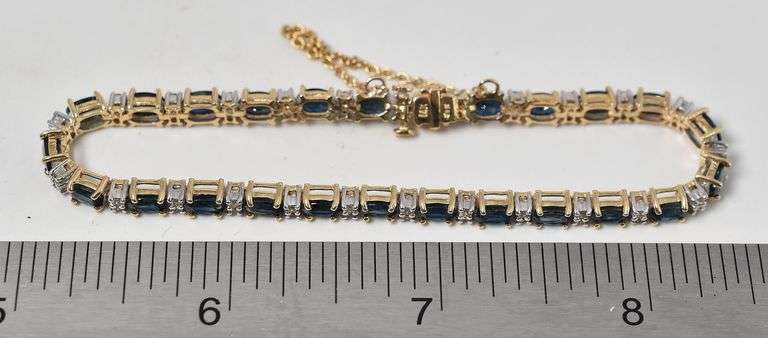 Fancy 14K Yellow Gold Blue Sapphire Gemstone and Diamond Tennis Bracelet