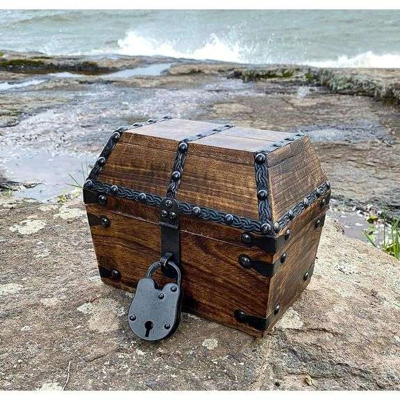 Solid Wood Pirate Treasure Chest with Iron Lock & Skeleton Keys