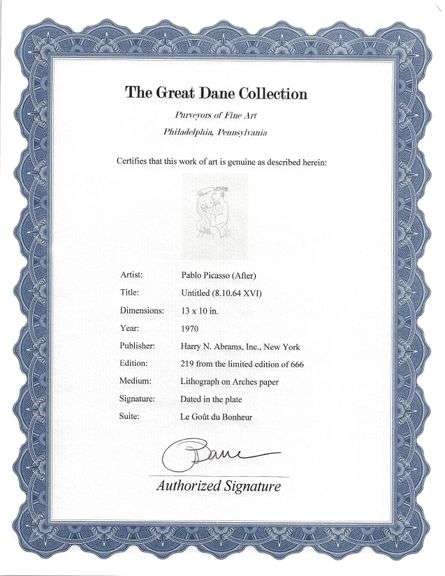 Exclusive Limited Edition Pablo Picasso Lithograph "Le Gout du Bonheur", 1970